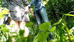 Curvy mature woman urinating with me outside