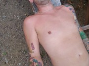 Risky outdoor shot, naked in public cabin, hikers passing near