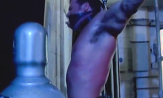 Muscled Derek Pain takes flogging all over his sexy back til it is rosy red