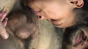 Close up to a Big Hairy Bush Making Him a Handjob Finishing in My Long Nails and Sucking the Cum From the Pubic Hair