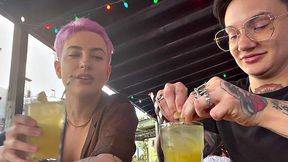 Amateur tattooed queer fingers pink hair GF at home