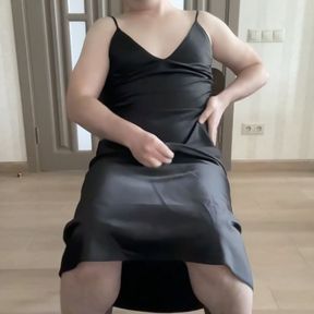 Black satin maxi long fetish black dress on crossdresser sissy cuckold bdsm gay jerking in a silk outfit