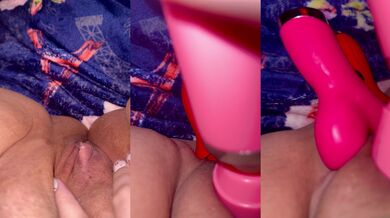 Blonde chubby girl stretches her pink pussy solo then takes double penetration