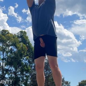 Straight guy playing basketball in public with his dick swinging.