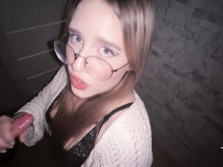 Cute kawaii ahegao girl with glasses sucks jock and gets fucked doggy style