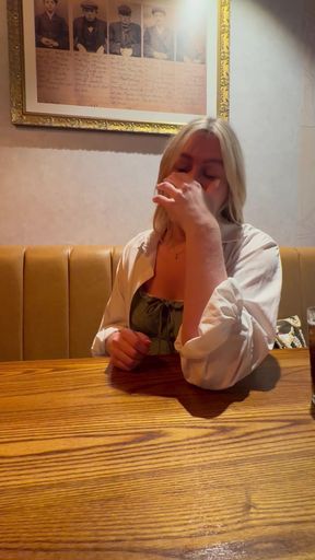 Hot blonde flashes her big tits in the pub