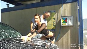 Pretty young amateur french babe hard sodomized in a public carwash
