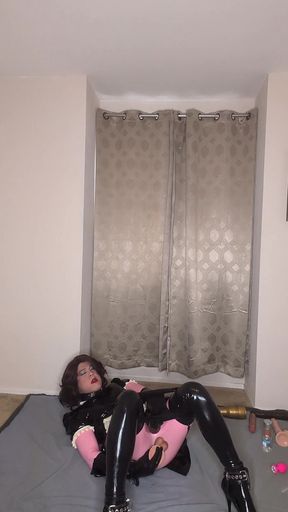 Latex Catsuit and Maid Dress Sissy Tries to Fuck Both of Her Holes with Dildos