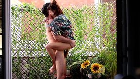Unstaged babe gets nailed on balcony, swallows cum