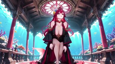 Redhead Mermaid Queen soaks her forbidden feast in the underwater palace while black kimono clings to her wet skin