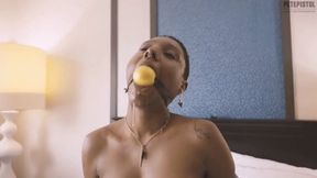 Ebony beauty Kitten Kream naked tied, ball gagged and drooling in Slow Motion