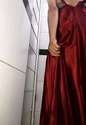 Satin evening long gown masturbation cum