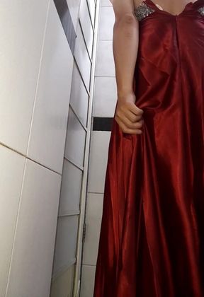 Satin evening long gown masturbation cum