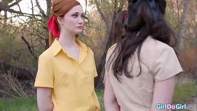 Petite redheaded babe gets intimate with her camp friend