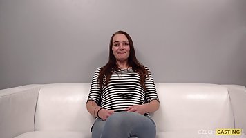 Amateur brunette with small tits Lucka plays solo on casting couch