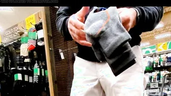 Freeballing in public grocery store with big cock bulge visible