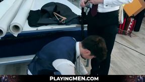 elegant hunk Franky Fox pays a suit tailor in raw drill bits