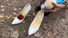 Messy high heels, messy stockings, messy feet, messy inshoe crush, sticky liquid in high heels, messy toes, messy shoes
