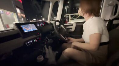 Japanese MILF squirts all over car seat while jerking off in public