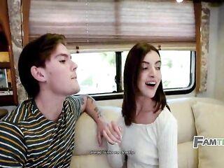 Step Bro Pops Stepsister's Cherry in the RV During the time that Stepmom and Stepdad Drive Up Front