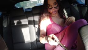 Pink Sexy Asian Tgirl Ladyboy in High Heels Showing Her Body in Car