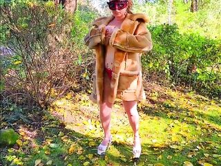 LARGE TITTED SLOW Dancing Outside in a Sheep-Skin Coat and Red Pants and High Heels