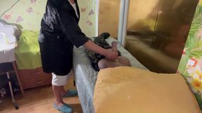 The Massager Give Handjob to the Erected Tranny Patient and Laugh on Him