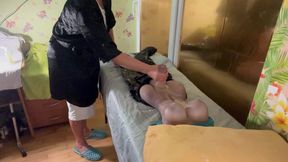 The Massager Give Handjob to the Erected Tranny Patient and Laugh on Him