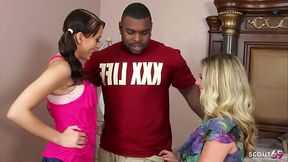 Mature blonde cougar teaches teen with puffy tits how to handle big black cock in an old-young FFM t