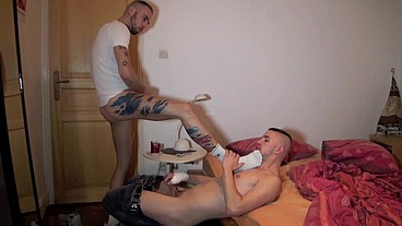 sneaker and foot sex domination by 2 basbos inthe sofa