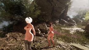 Asian and white girl anime babes go topless in public