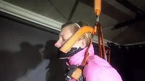 Sexy ***Sandra*** Wearing A Hot Pink Oldschool Downbib And A Down Jacket Being Tied And Gagged With Ropes And A Clothgag Hanging On The Ceiling (Video)