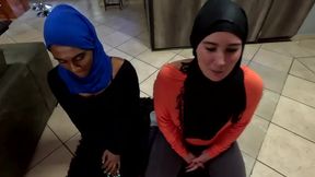 Acting like Muslim women, sucking cock with hijabs on our heads, cum facial.