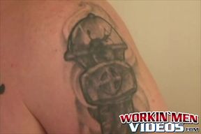 Tattooed amateur dude grabs his cock and strokes it hard