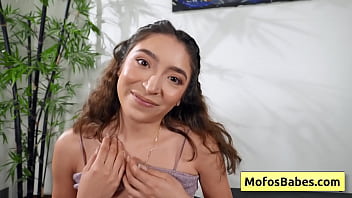 Petite Amber Summer teases with her bald pink pussy