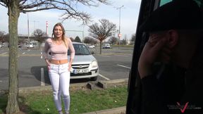 Racing van takes blonde on the street for a ride on big cock