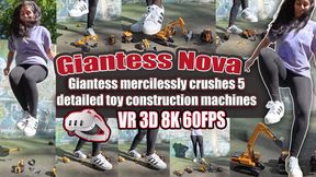 VR 3D 8K 180 60 fps | Nova in Fishnet Nylons & Superstars: Giantess mercilessly crushes 5 detailed toy construction machines – excavators, wheel loaders & more get totally pulverized and destroyed under her sweaty feet!