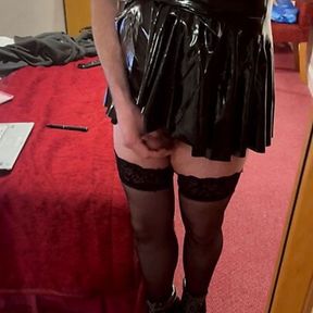 Cum in black pvc dress, stockings and high heels