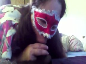 Chubby ebony nympho in mask keeps sucking strong cock of my buddy