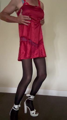 White heels panties bra body suit stockings and red slip