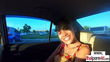 Petite small titted amateur asian teen Cherry relaxing on a big white cock