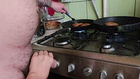 Slutty chef's cunnilingus while whipping up a savory supper for a lecherous gourmand.