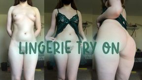 Green Lace Lingerie Try On ~ Hairy Slut