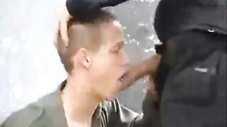 Military stud with tattoos gives a hot handjob to his toy while getting off solo