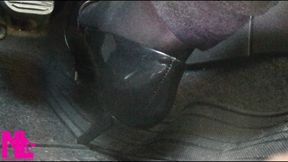 Revving and Driving in Black Pantyhose and Grey High Heels