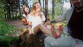 Blonde Russian Teenage Girl Gets Sandwiched And Tickled By A Horny Amateur Couple In The Forest