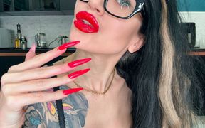 Bright Red Long Nails, Finger Sucking, Black Lace Lingerie