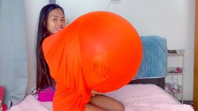 Looner Camylle Sensually Pumps Up Huge Balloon Boobs And Tummy And Pumps Them Until They Pop In Orange Jumper