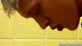 Hot young guy pisses his pants and jacks off thick dick