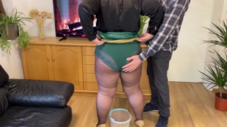 Mother-in-law helped her son-in-law pee and pees herself doggy style while her son-in-law jerks off